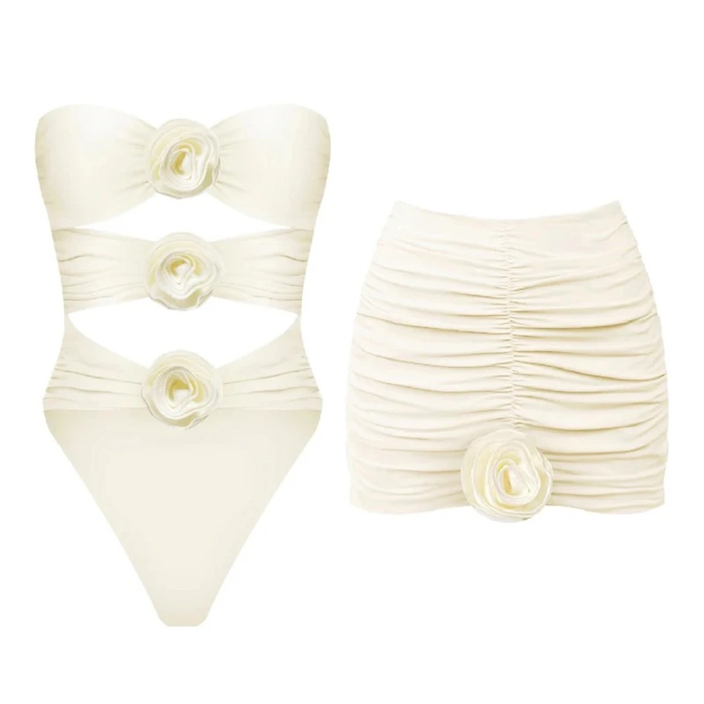 Cream Floral Detail One-Piece Swimsuit with Ruched Skirt Cover